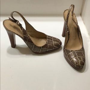 Stone and wood slingback heels